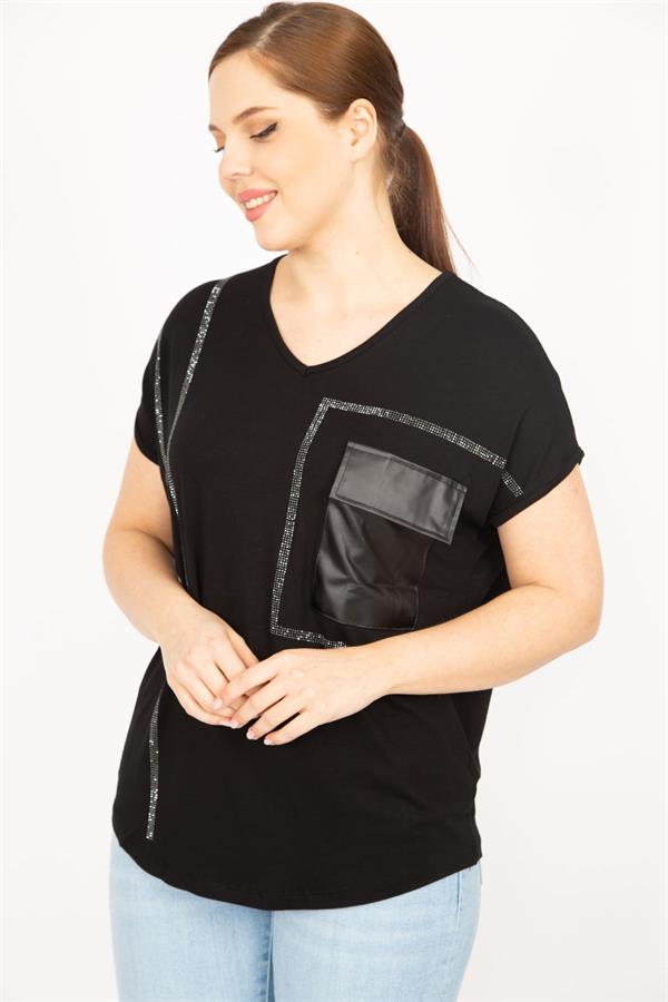 Kadın Siyah Büyük Beden Taş Ve Suni Deri Garnili Düşük Kollu Bluz
