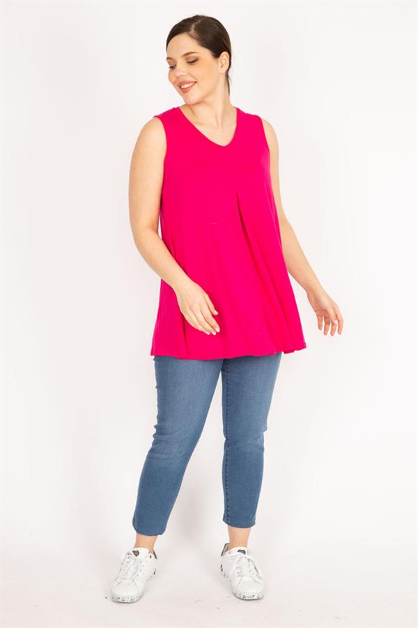 Kadın Fujya Büyük Beden Önü A Pileli V Yakalı Kolsuz Tunik