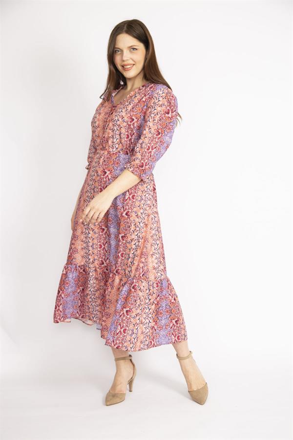 WOMEN'S COLORFUL COLLAR DRESS WITH FRILLED FRONT PLACE, ORNAMENTAL BUTTONS, WAIST AND ARM EMBROIDERY DETAILED