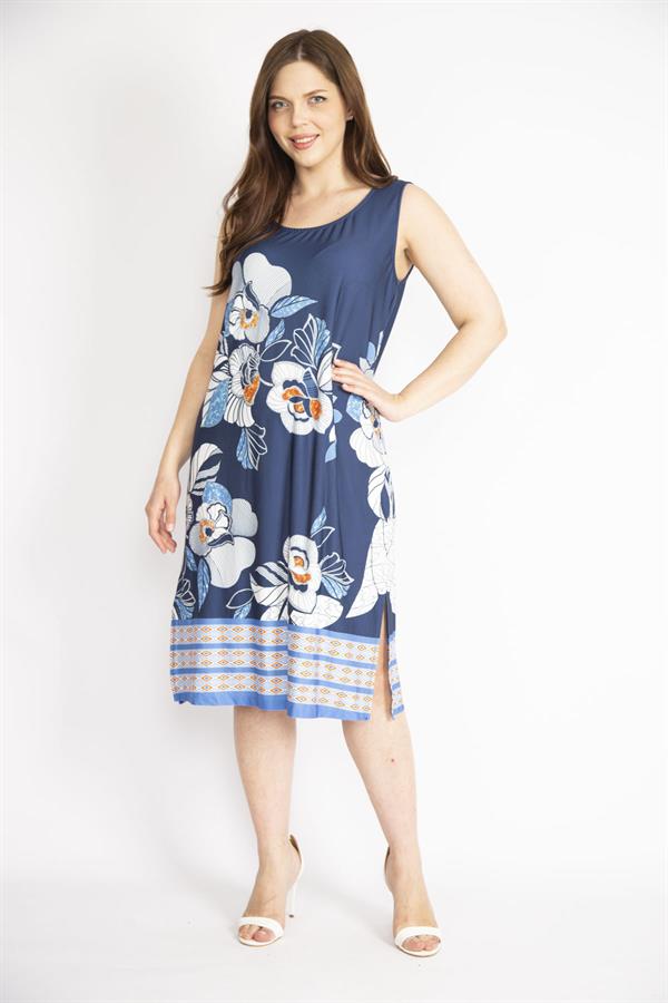 Kadın Lacivert Büyük Beden Yan Yırtmaçlı Kolsuz Elbise