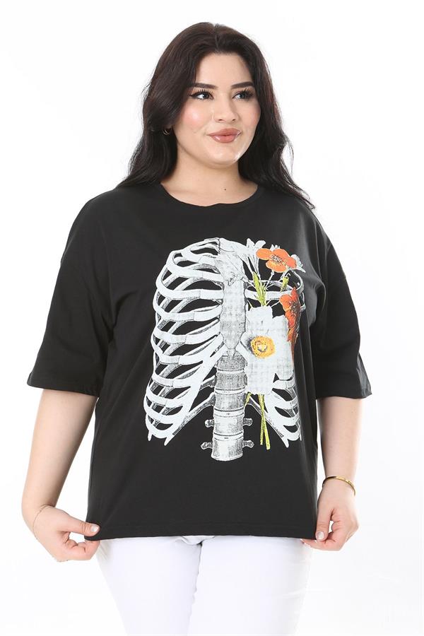 Kadın Büyük Beden Siyah Pamuk Kumaş Ön Baskılı Kısa Kollu Bluz 65N38009