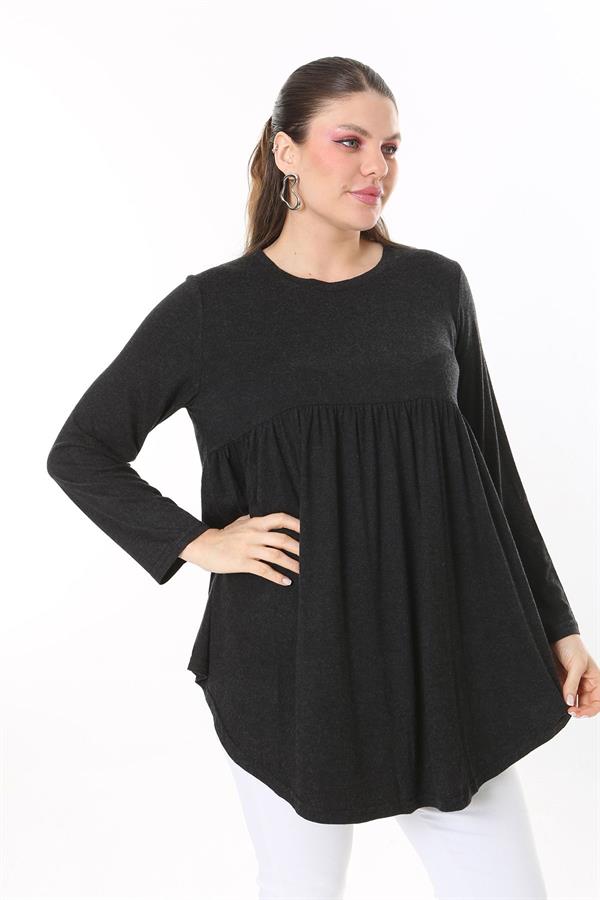 Kadın Büyük Beden Antrasit Göğüs Büzgü Detaylı Uzun Kollu Tunik 65N37687
