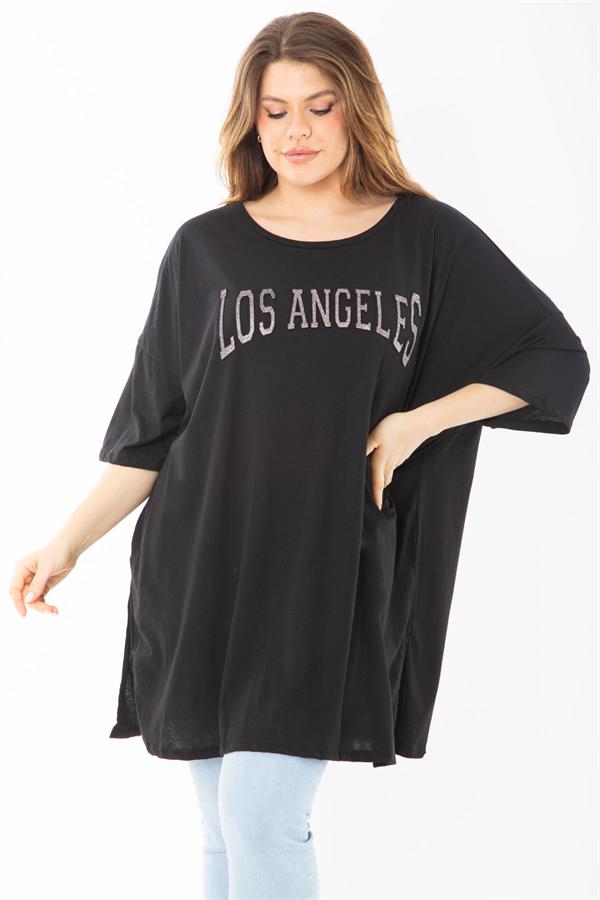 Kadın Büyük Beden Siyah Sim Detaylı Yan Yırtmaçlı Bluz 65N37452