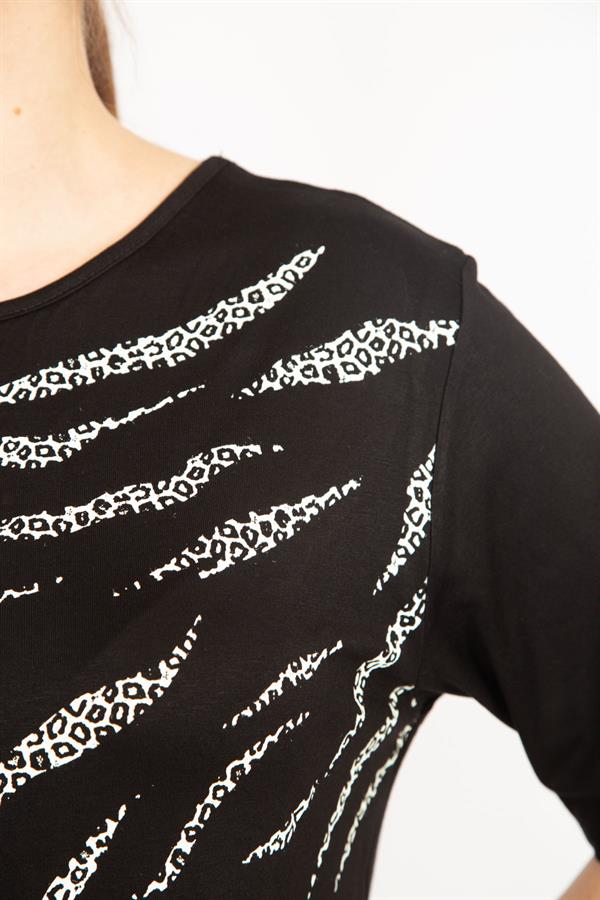 Kadın Saks Büyük Beden Bisiklet Yakalı Ön Baskılı Bluz