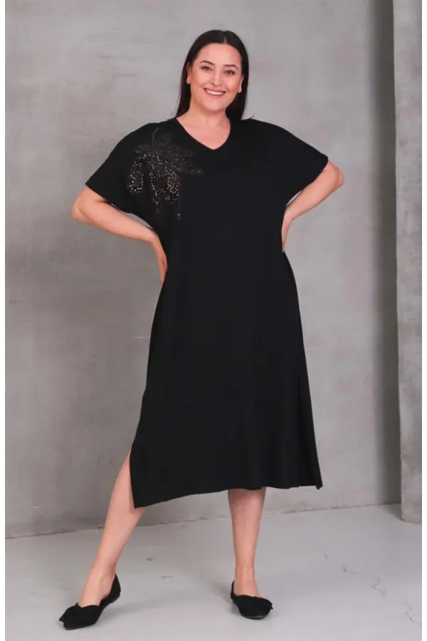 Kadın Büyük Beden Siyah, Omuz Pul Payet Çiçek Desenli, Rahat Kesim V Yaka Elbise 65N39088