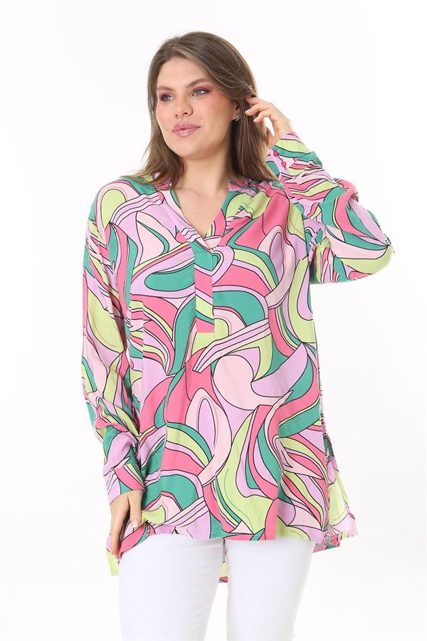 Kadın Büyük Beden Renkli Dokuma Viskon Kumaş Yan Yırtmaçlı V Yakalı Tunik 65N37789