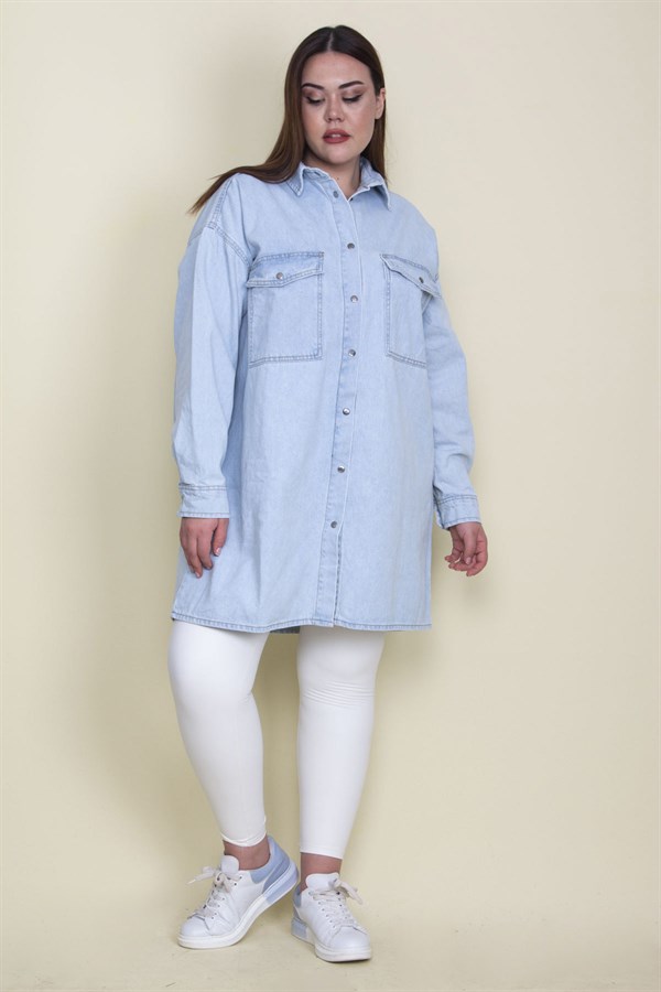 Kadın Mavi Salaş Kesim Çıtçıt Düğmeli Oversize Kot Tunik Ceket 65N28048