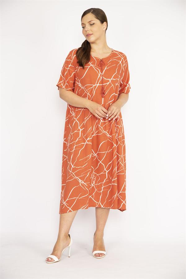 Kadın Oranj Büyük Beden Dokuma Viskon Kumaş Kısa Kollu Elbise