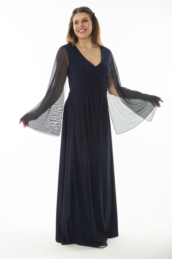 Kadın Büyük Beden Lacivert Bel Detaylı Kolları Tül Abiye Elbise 65N37065