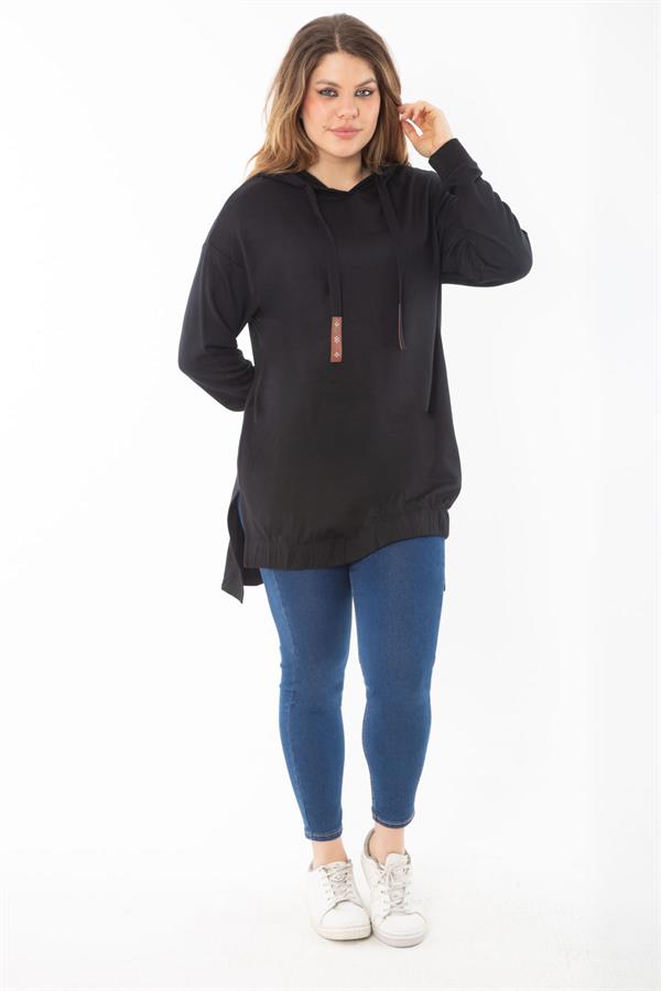 Kadın Büyük Beden Siyah Arkası Uzun Yan Yırtmaçlı Kapşonlu Sweatshirt 65N37310