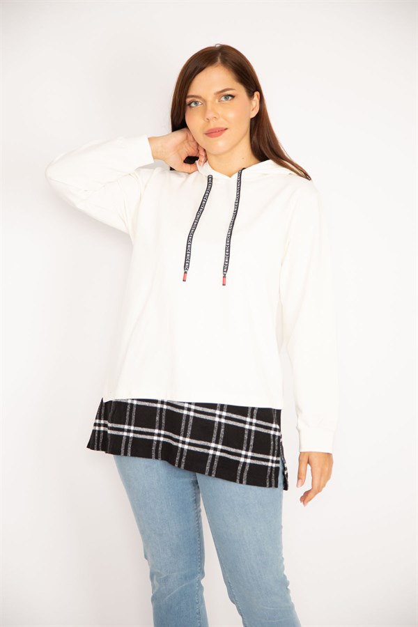 Kadın Kemik Kapşonlu Etek Ucu Ekose Garnili Sweatshirt 65N34878