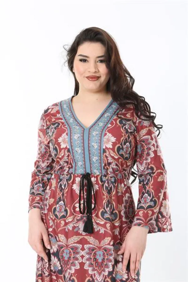 Kadın Büyük Beden Renkli V Yakalı Desenli Elbise 65N38846