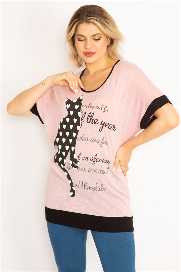Kadın Pembe Kedi Figürlü Taş Ve Baskı Detaylı Düşük Kollu Tunik 65N34634