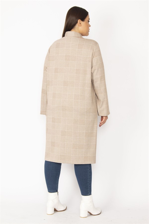 Hakim Yaka Ekose Desenli Ön Boy Baskı Düğmeli Cep Ağzı Suni Deri Garnili Astarsız Uzun Kap