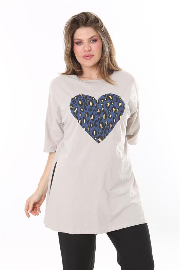 Kadın Büyük Beden Vizon Lak Baskılı Yan Yırtmaçlı Bluz 65N37801