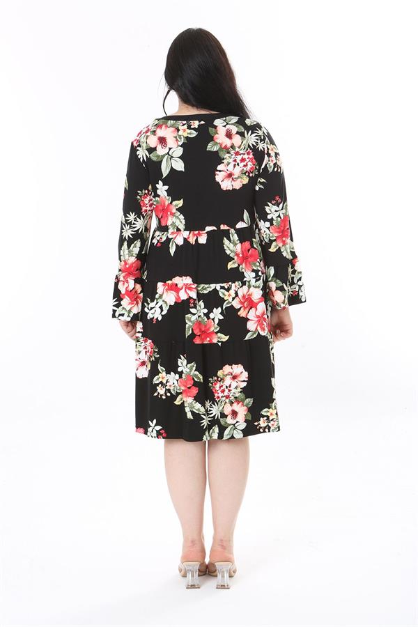 Kadın Büyük Beden Siyah V Yakalı Uzun Kollu Katlı Elbise 65N37944