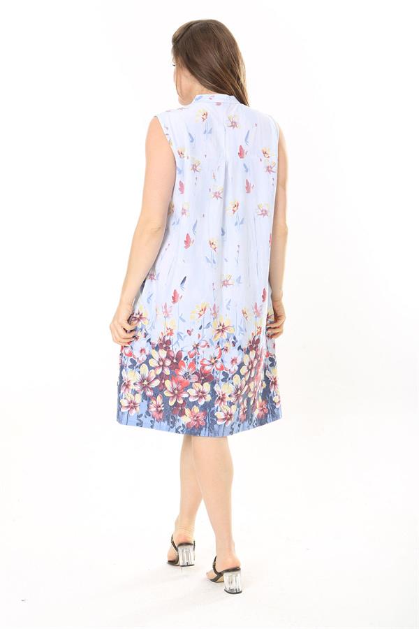 Kadın Büyük Beden Mavi V Yakalı Desenli Kolsuz Elbise 65N37873