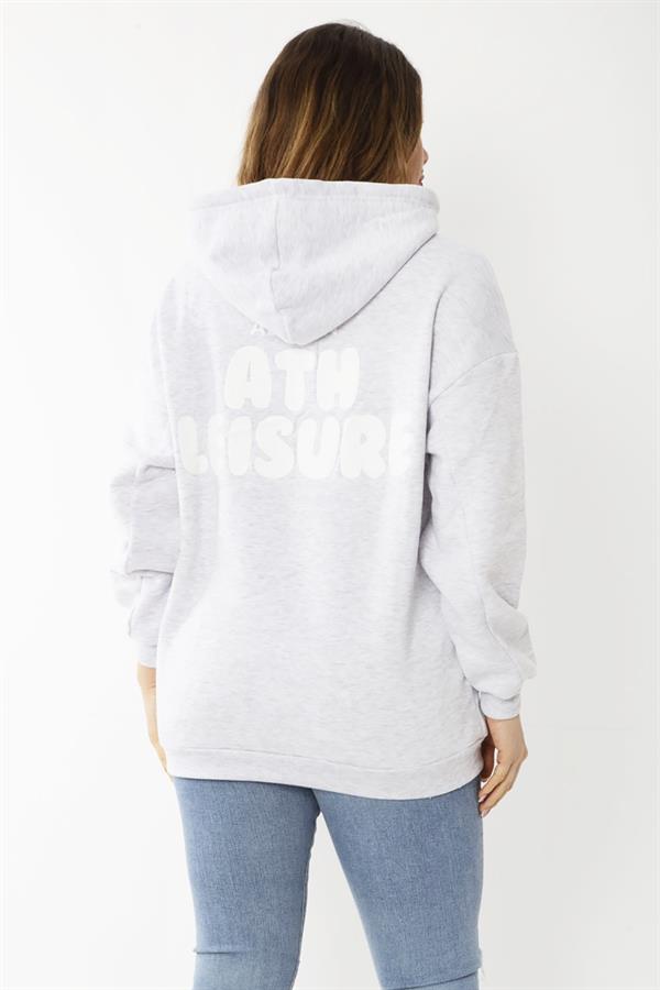 Women's Plus Size Gray Three-Thread Hooded Sweatshirt with Back Print 65N37204