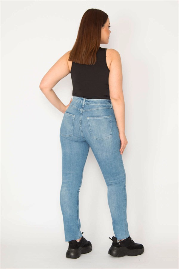 KADIN MAVİ YIRTIK DETAYLI YIKAMA SKİNNY JEAN PANTOLON