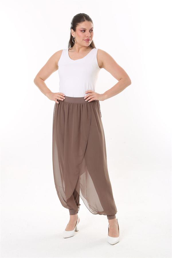 Kadın Büyük Beden Lacivert İçi Viskon Pantolonlu Şifon Anvelop Görünümlü Şalvar   65N37631