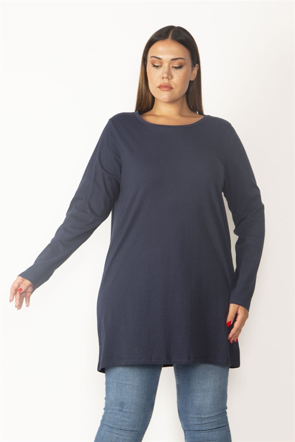 Kadın Lacivert Pamuklu Kumaş Bisiklet Yakalı Uzun Kollu Tunik 65N29895