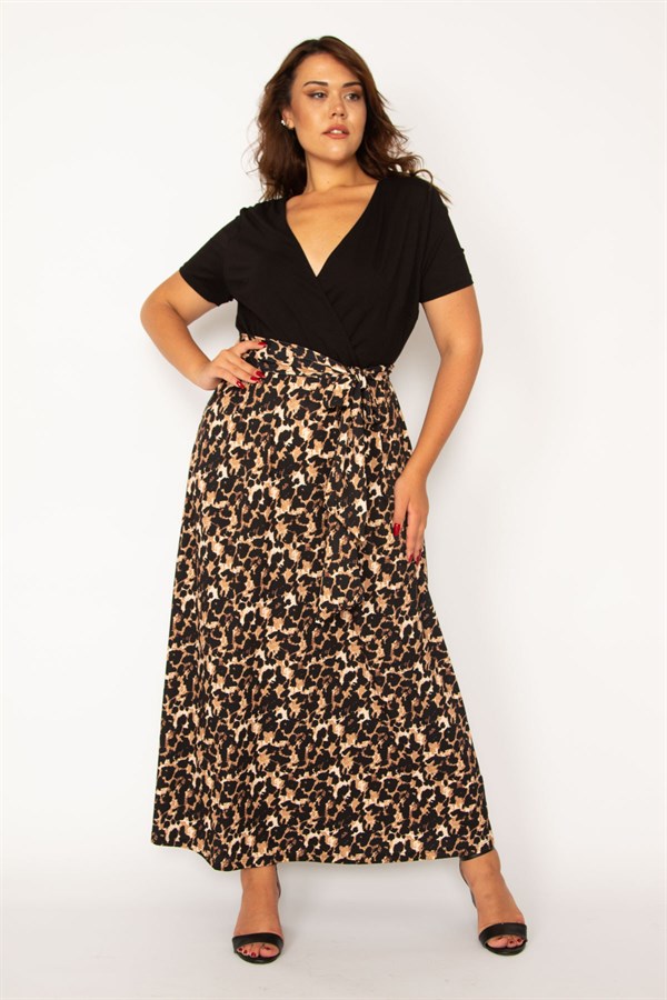 Kadın Leo Anvelop Yaka Leopar Desen Beli Kuşaklı Uzun Elbise 65N34055
