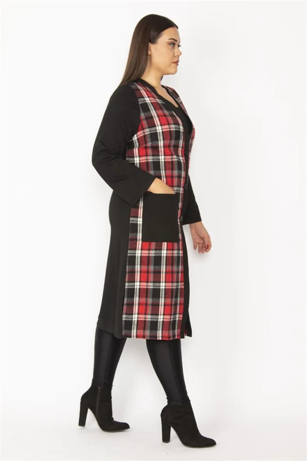 Kadın Gri Ekose Desenli Ön Boy Düğme Ve Cepli Kap 65N28487