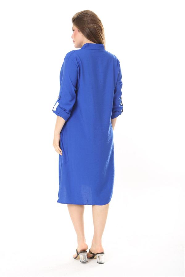 Kadın Büyük Beden Nar Ön Pat Düğmeli Süs Göğüs Cepli Kol Boyu Ayarlı Elbise 65N37871