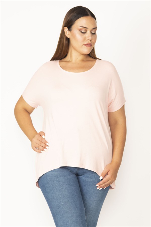 Kadın Pembe Bisiklet Yakalı Arkası Uzun Kısa Kollu Viskpn Bluz 65N27529