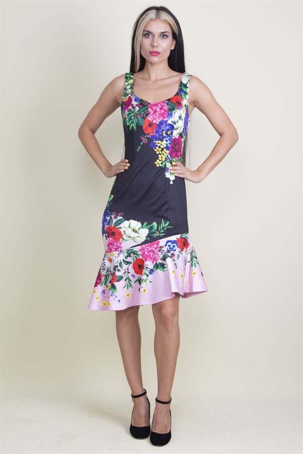 ETEĞİ VOLANLI ÇİÇEK DESENLİ ELBİSE