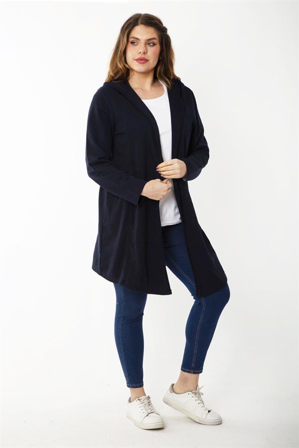 Kadın Büyük Beden Gri Kup Ve Vep Detaylı Kapşonlu Hırka 65N37183