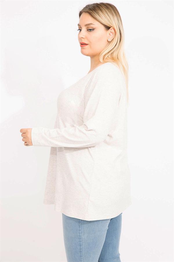 Kadın Taş Büyük Beden Kendinden Çizgili Bisiklet Yakalı Uzun Kollu Tunik 65N35646