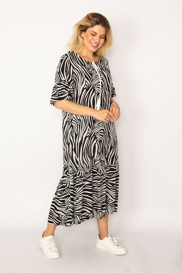 Kadın Siyah Dokuma Viskon Kumaş Etek Ucu Katlı Kolları Volanlı Uzun Elbise 65N34262