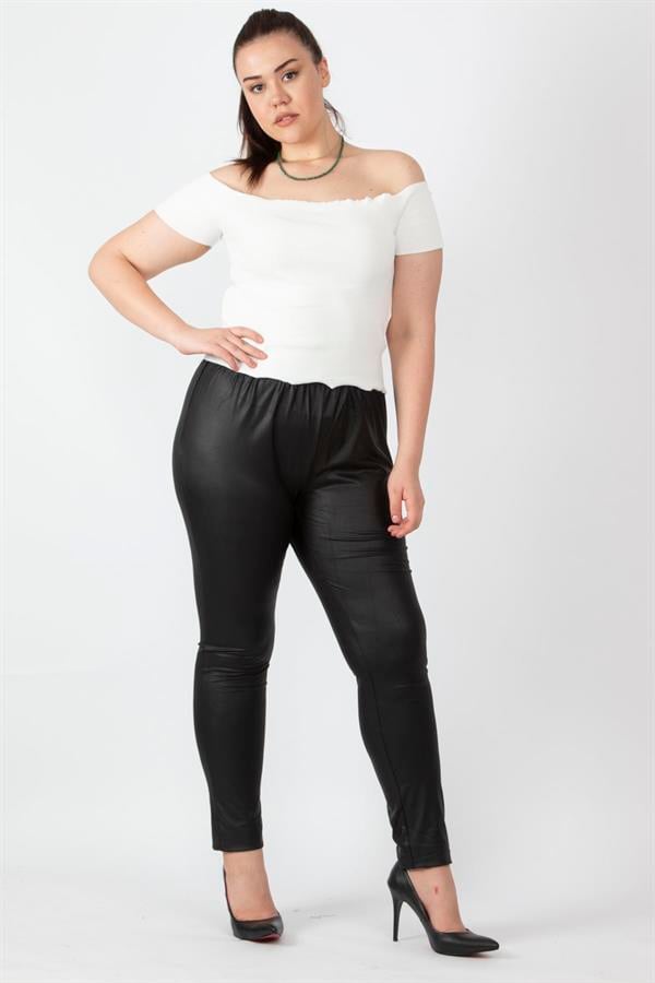 Women's Black Leather Look Elastic Waist Leggings Trousers 65N16748