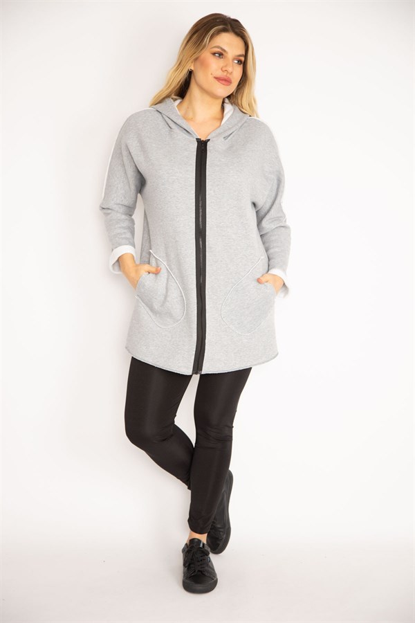 Kadın Antrasit Ön Fermuarlı Cep Ve Kapşonlu Mont 65N35108