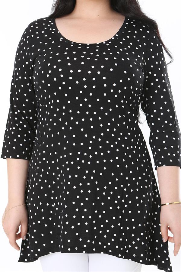 Kadın Büyük Beden Siyah Puan Desenli Kapri Kollu Bluz 65N38010