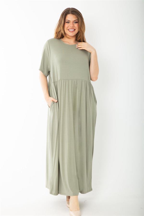 Kadın Büyük Beden Haki Bel Büzgülü Kısa Kollu Uzun Elbise 65N37757