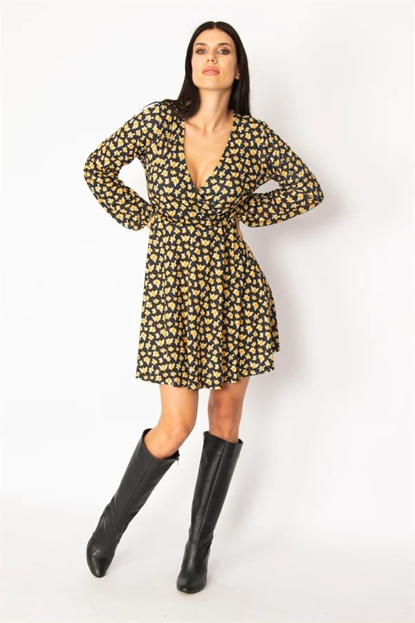 ROBE JAUNE À COL CACHÉ ET MOTIF FLORAL POUR FEMME