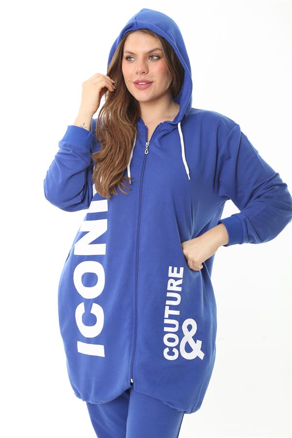 Kadın Büyük Beden Gri Baskı Ve Fermuar Detaylı Kapşonlu Sweatshirt Pantolon Takım 65N37128