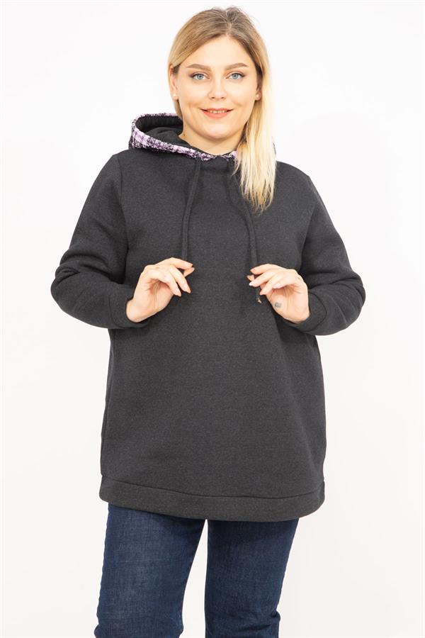 Kadın Füme Büyük Beden 3 İplik İçi Şardonlu Kapşonlu Sweatshirt 65N35750