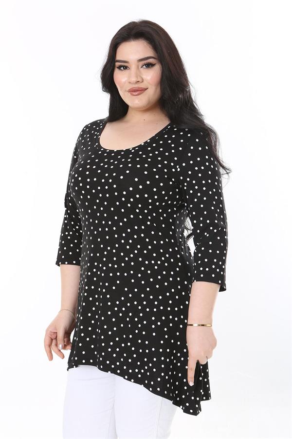 Kadın Büyük Beden Siyah Puan Desenli Kapri Kollu Bluz 65N38010