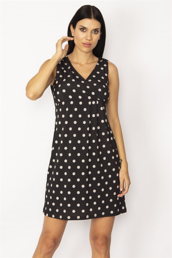 KADIN SİYAH ANVELOP YAKALI PUAN DESEN ELBİSE