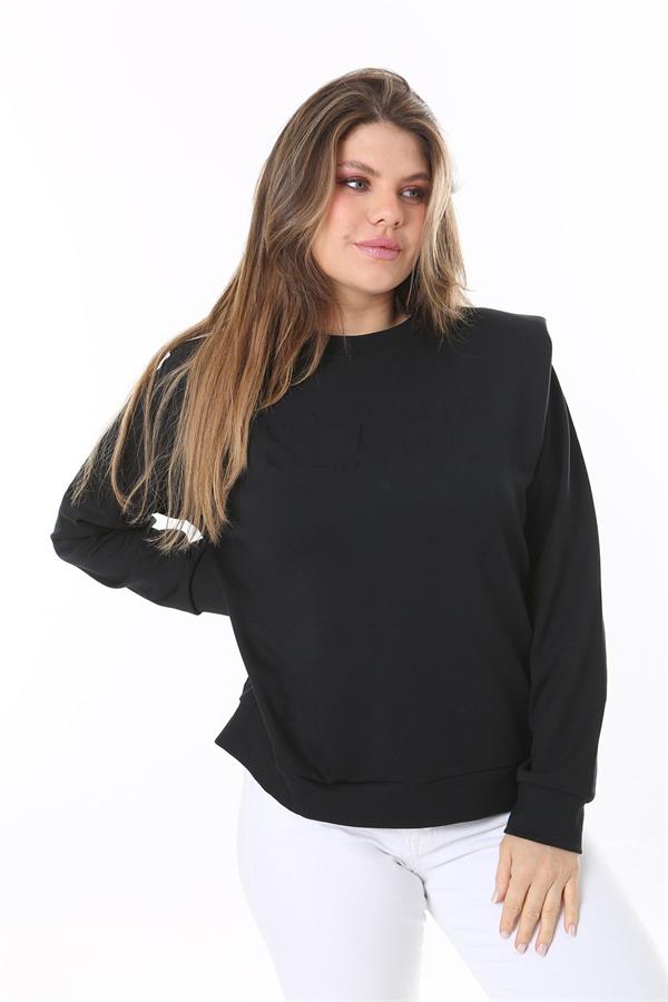 Women's Plus Size Black Shoulder Detailed Front Printed Sweatshirt 65N38050