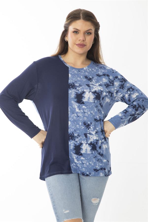 Kadın Büyük Beden Lacivert Bisiklet Yakalı Desenli Bluz 65N37027