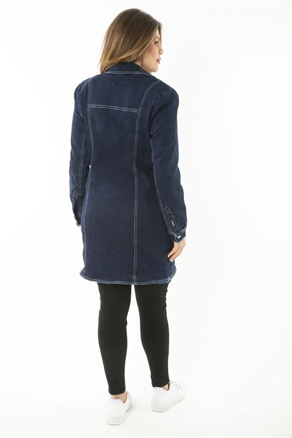 MANTEAU FEMME EN DENIM LYCRA BLEU MARINE AVEC BOUTON ET POCHE DEVANT