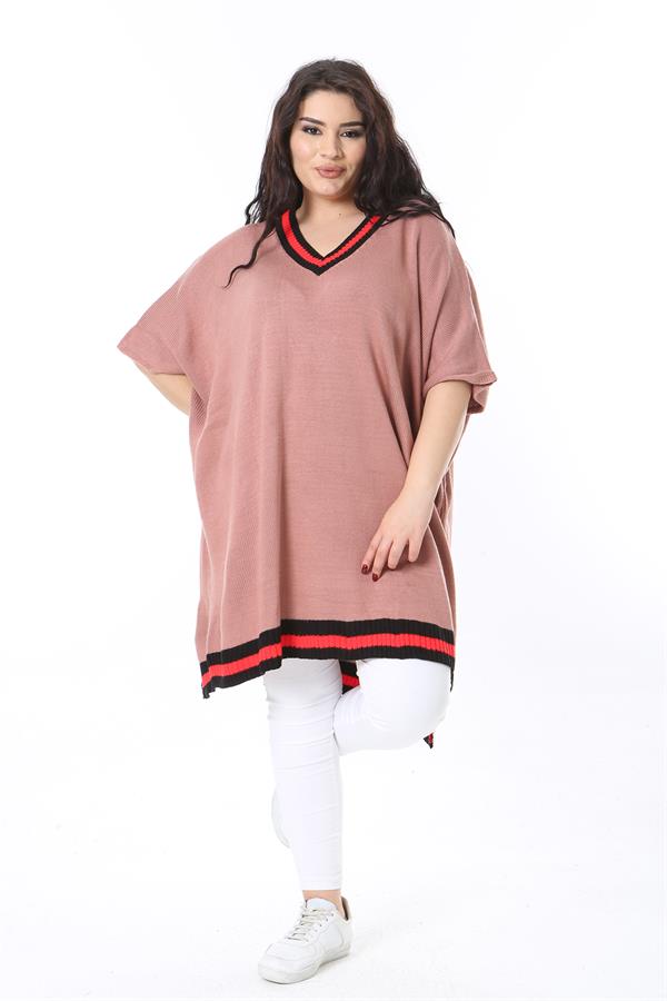 Kadın Büyük Beden Pudra V Yakalı Triko Panço 65N38571