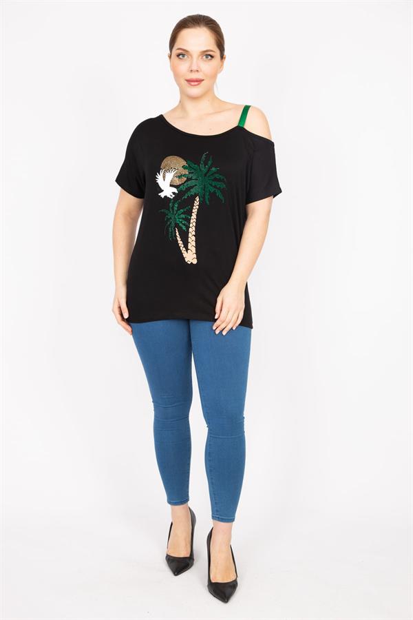 Kadın Siyah Büyük Beden Taş Ve Askı Detaylı Bluz