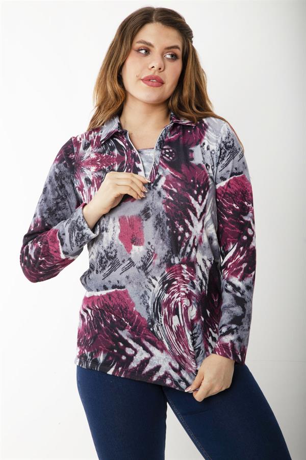 Kadın Büyük Beden Bordo Ön Patı Fermuarlı Uzun Kollu Desenli Bluz 65N37218
