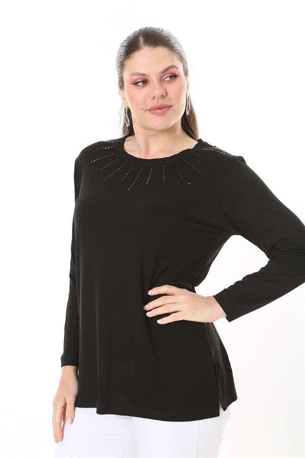Kadın Büyük Beden Siyah Taş Ve Arka Robası Dantel Detaylı Uzun Kollu Bluz 65N37694