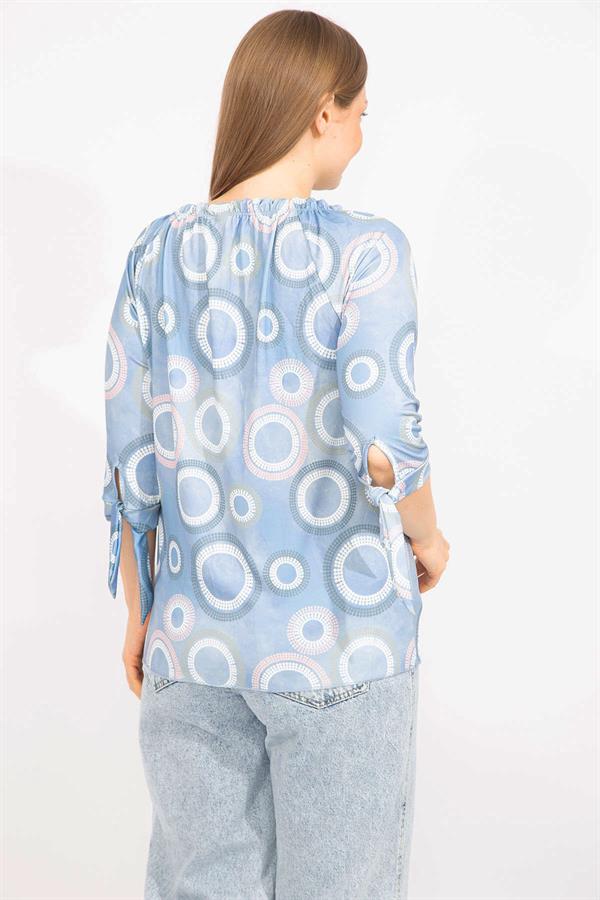 Kadın Mavi Büyük Beden Yaka Lastikli Kol Bağcıklı Bluz 65N35665